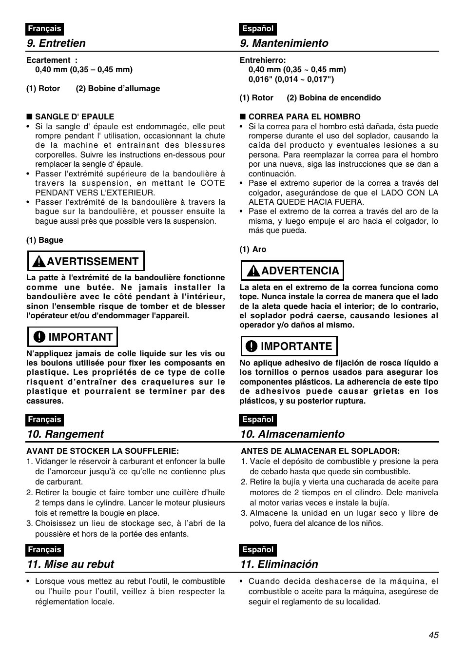 Entretien 9. mantenimiento, Important avertissement, Importante advertencia | Rangement 10. almacenamiento, Mise au rebut 11. eliminación | RedMax EBZ5100Q User Manual | Page 45 / 56