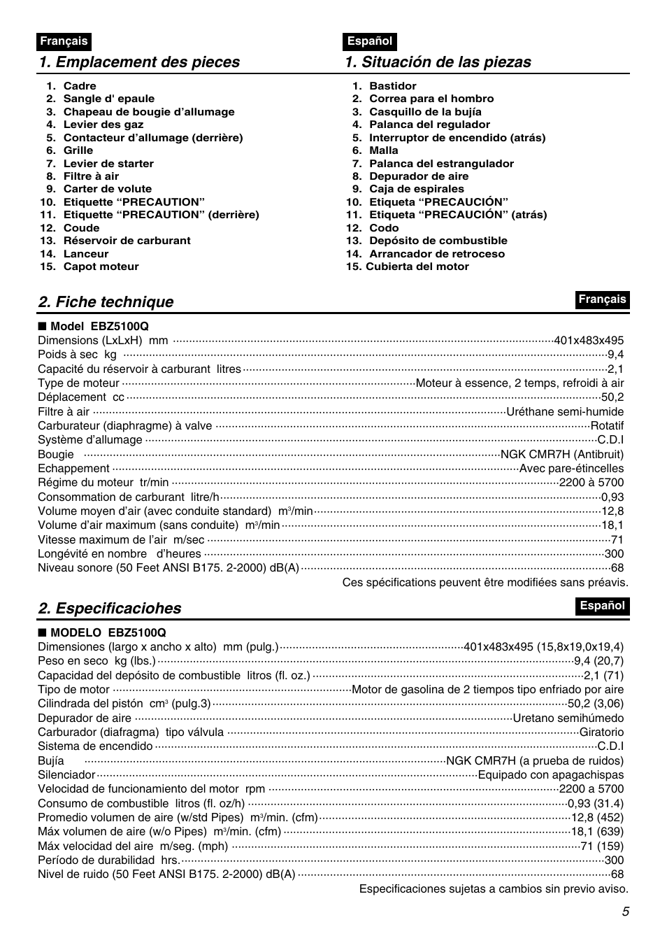 Emplacement des pieces 1. situación de las piezas, Fiche technique, Especificaciohes | RedMax EBZ5100Q User Manual | Page 5 / 56