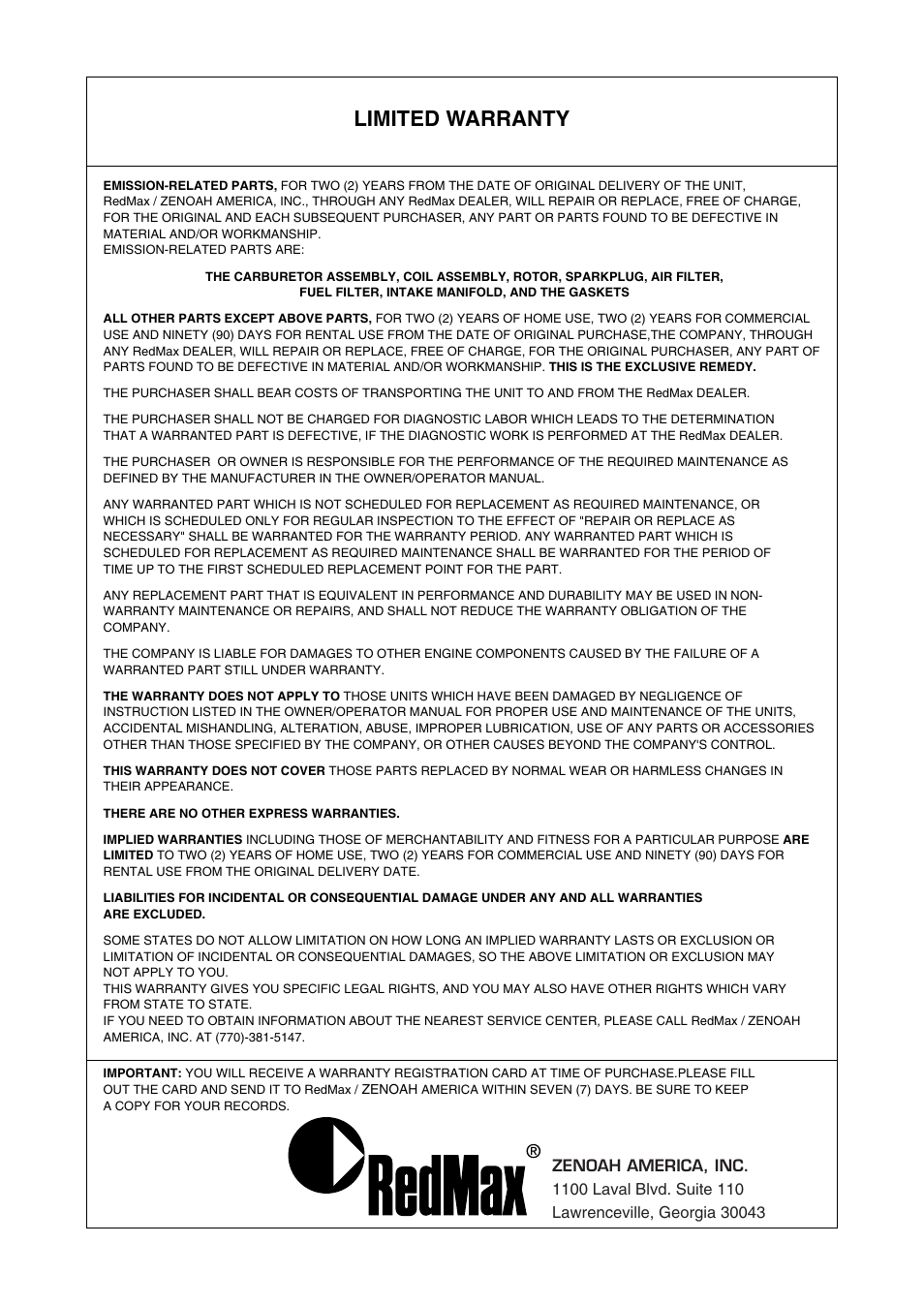 Limited warranty | RedMax EBZ5100Q User Manual | Page 54 / 56