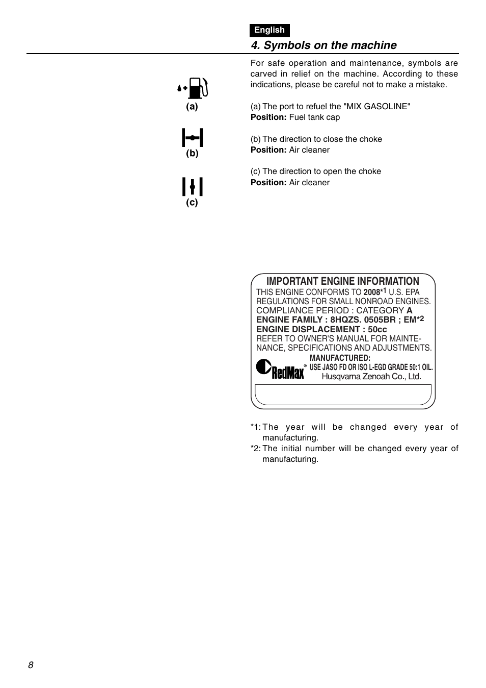 Symbols on the machine, Important engine information | RedMax EBZ5100Q User Manual | Page 8 / 56