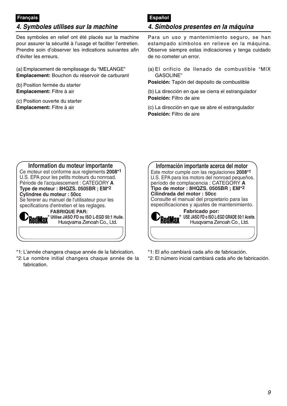 Information du moteur importante, Información importante acerca del motor | RedMax EBZ5100Q User Manual | Page 9 / 56