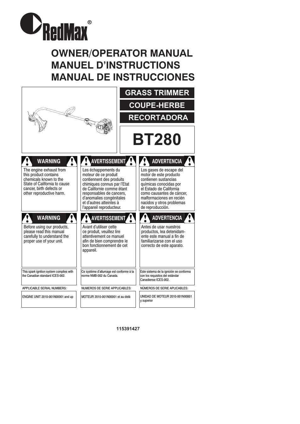 RedMax Grass Trimmer BT280 User Manual | 25 pages