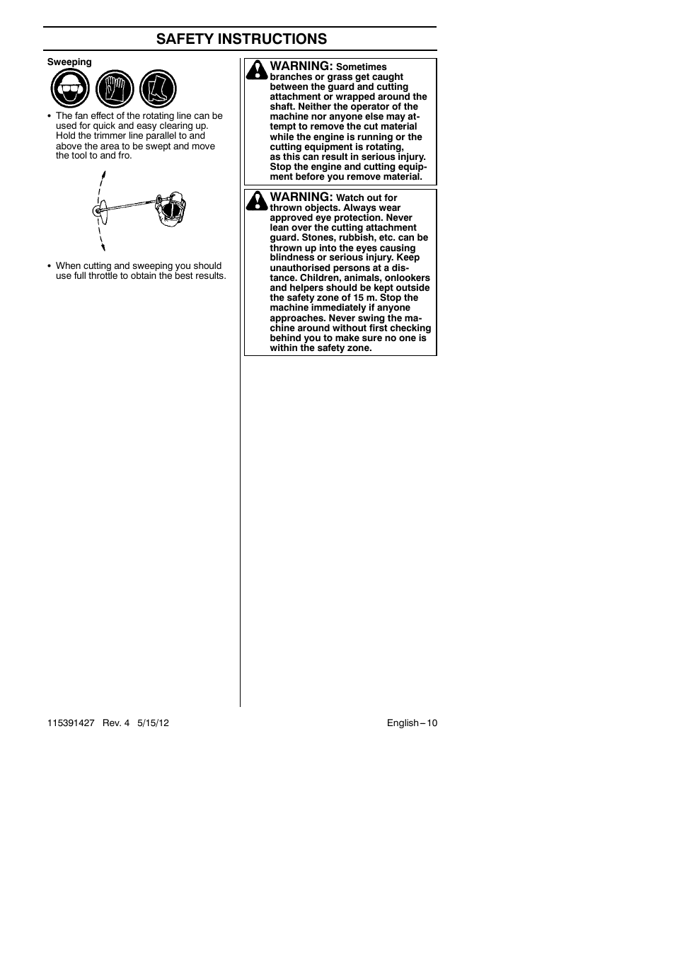 Safety instructions, Warning | RedMax Grass Trimmer BT280 User Manual | Page 10 / 25