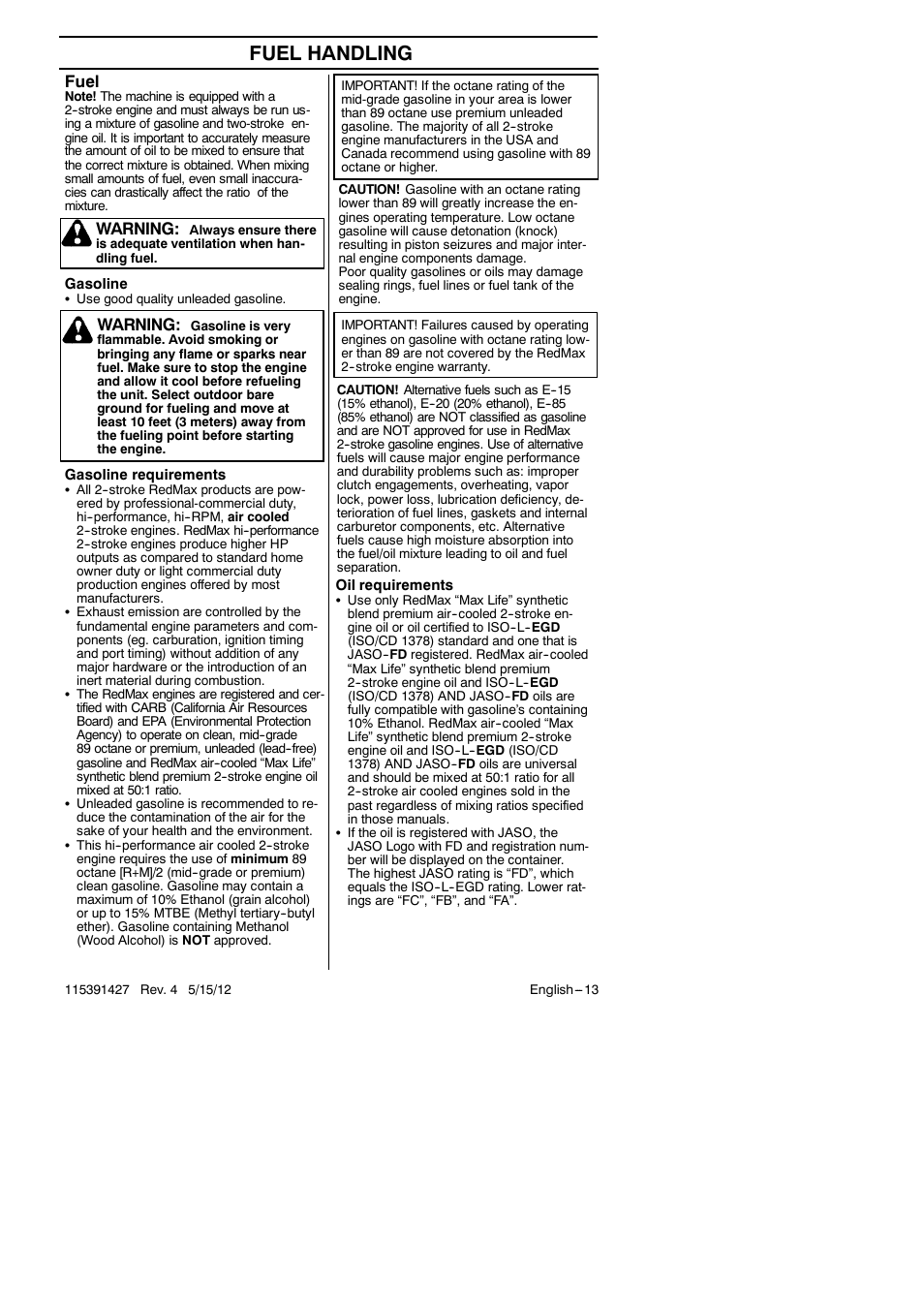 Fuel handling, Fuel, Warning | RedMax Grass Trimmer BT280 User Manual | Page 13 / 25