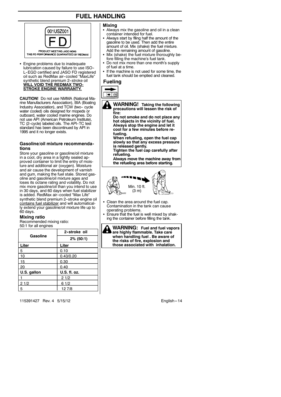 Fuel handling, Fueling warning, Warning | RedMax Grass Trimmer BT280 User Manual | Page 14 / 25