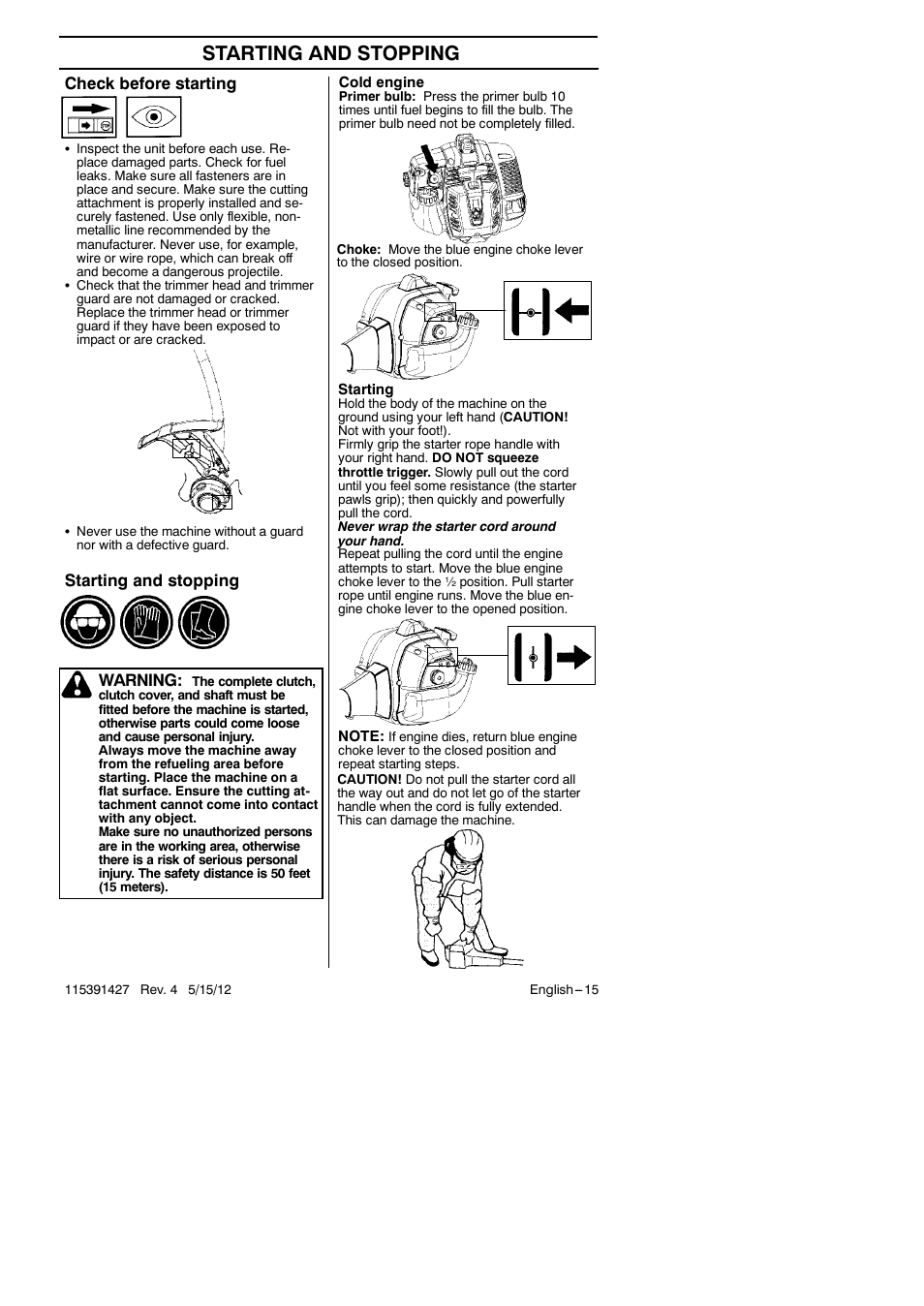 Starting and stopping, Check before starting, Starting and stopping warning | RedMax Grass Trimmer BT280 User Manual | Page 15 / 25