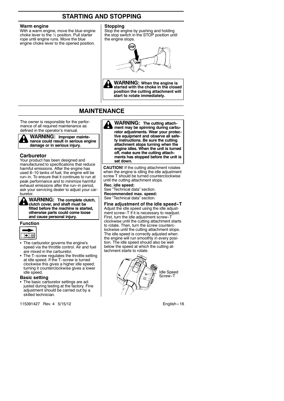 Starting and stopping, Maintenance, Warning | Carburetor | RedMax Grass Trimmer BT280 User Manual | Page 16 / 25