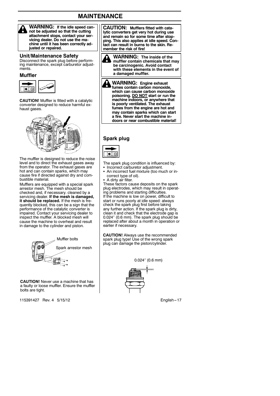 Maintenance, Warning, Unit/maintenance safety | Muffler, Spark plug, Caution | RedMax Grass Trimmer BT280 User Manual | Page 17 / 25