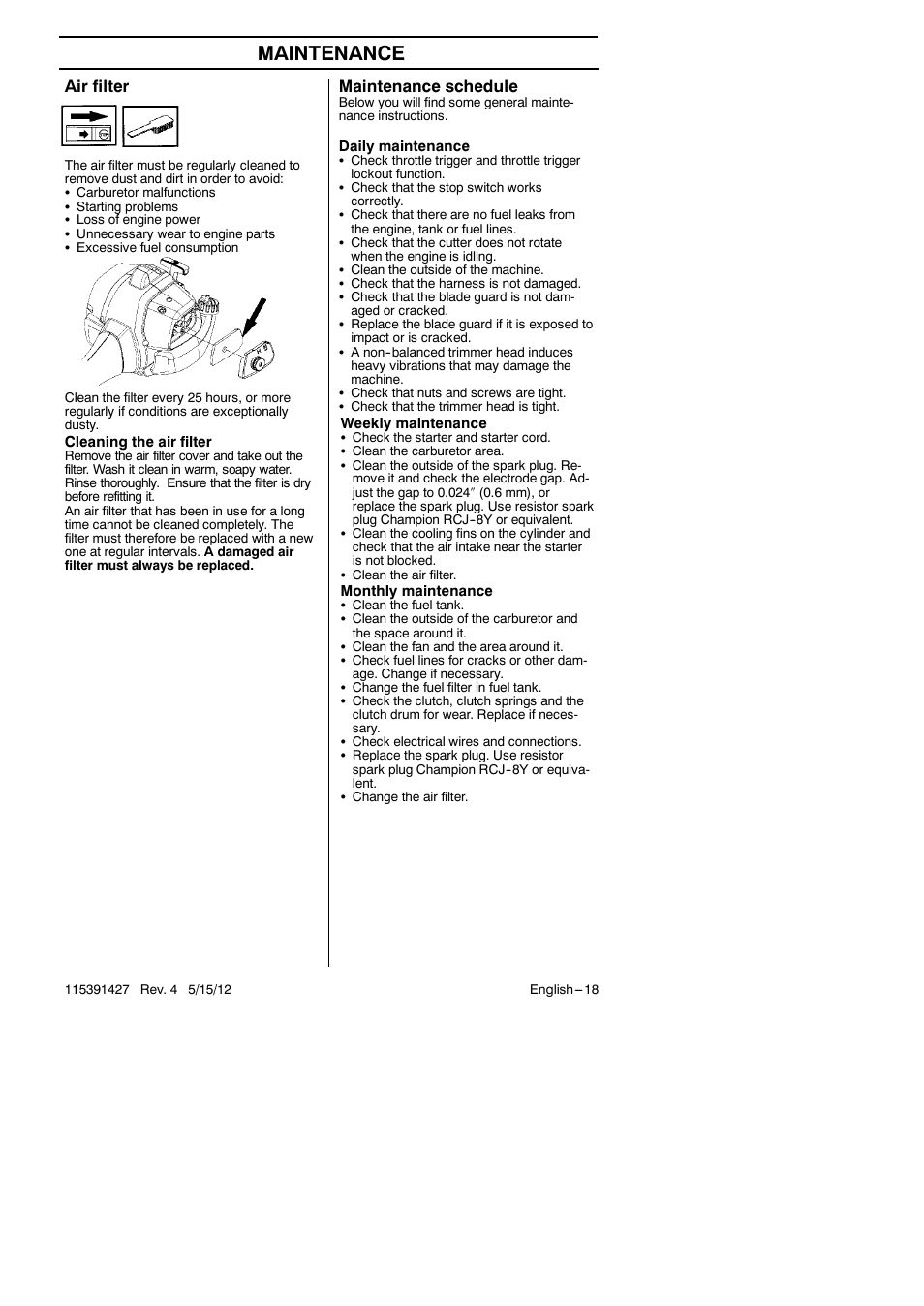 Maintenance, Air filter, Maintenance schedule | RedMax Grass Trimmer BT280 User Manual | Page 18 / 25