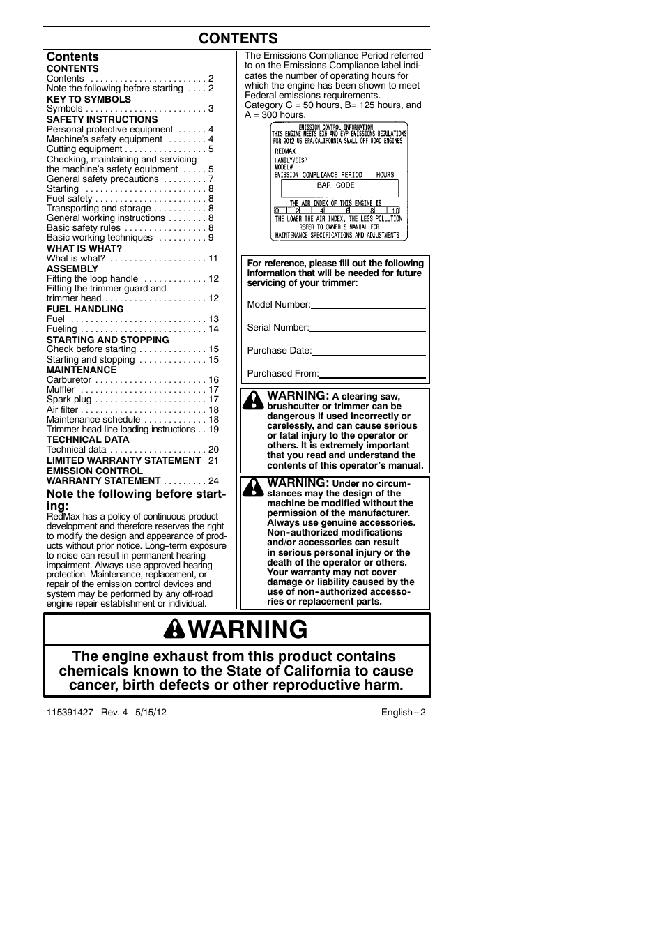 RedMax Grass Trimmer BT280 User Manual | Page 2 / 25