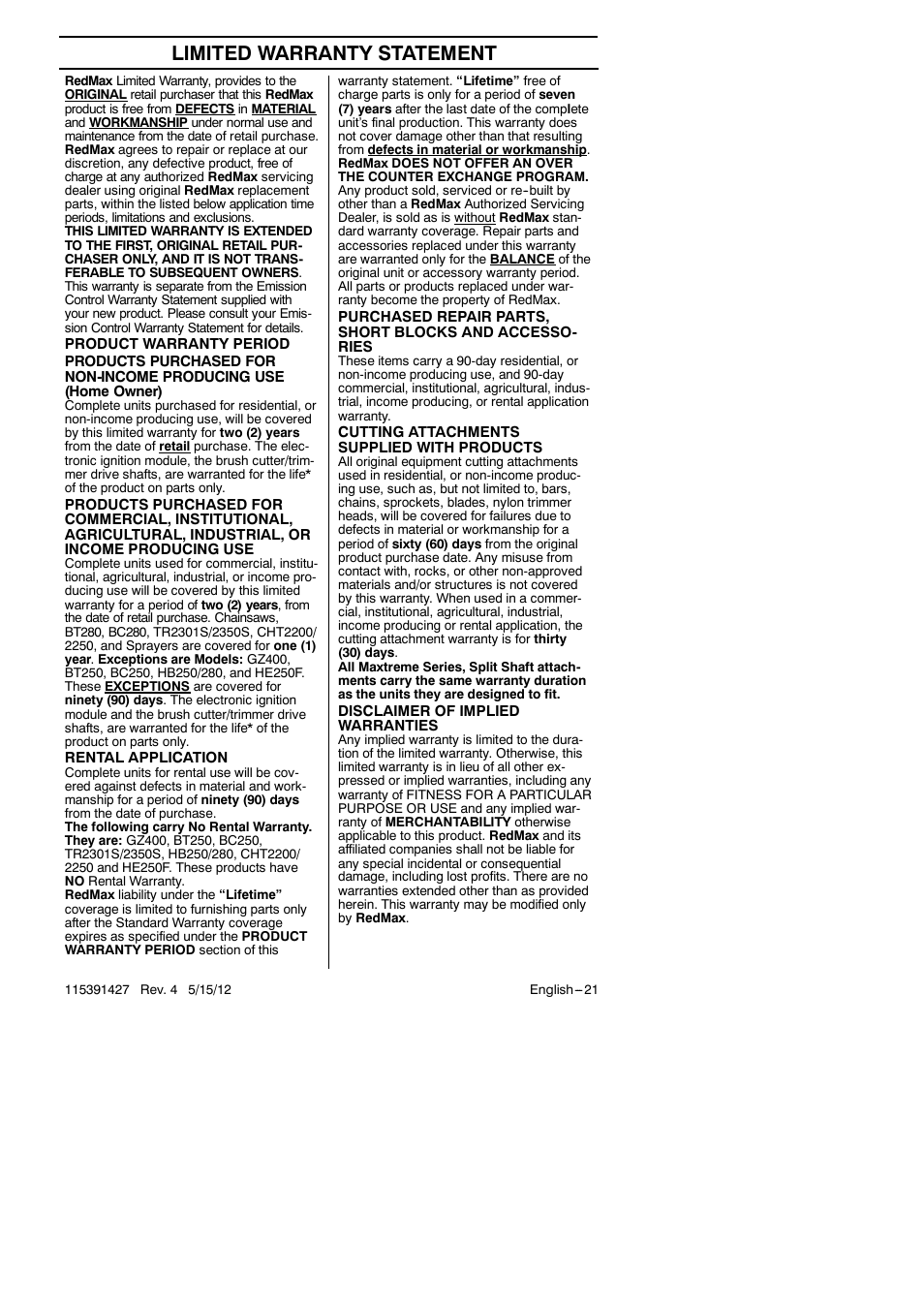 Limited warranty statement | RedMax Grass Trimmer BT280 User Manual | Page 21 / 25