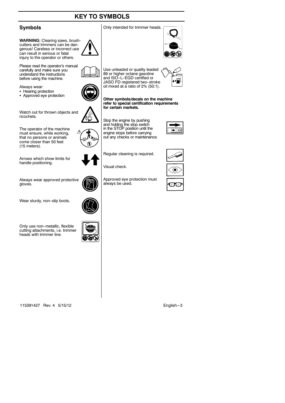 Key to symbols, Symbols | RedMax Grass Trimmer BT280 User Manual | Page 3 / 25