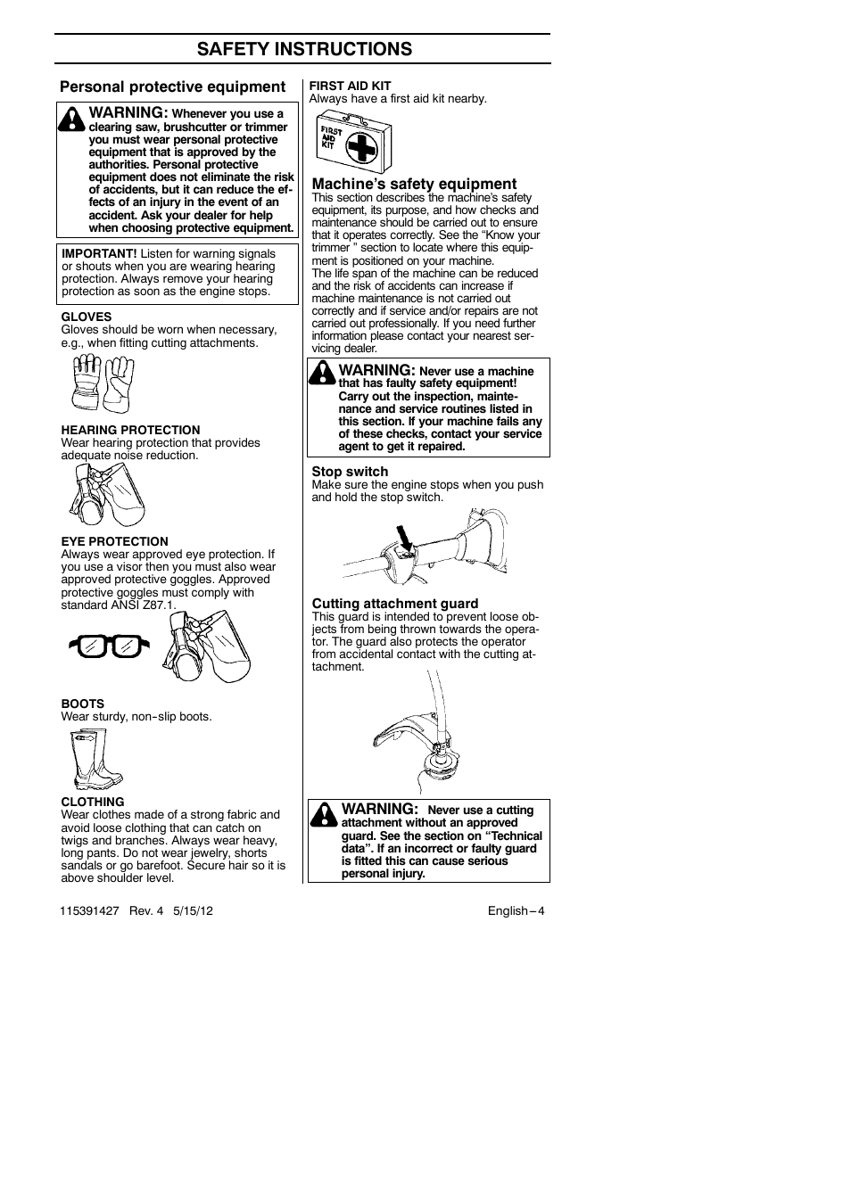 Safety instructions, Personal protective equipment warning, Machine’s safety equipment | Warning | RedMax Grass Trimmer BT280 User Manual | Page 4 / 25