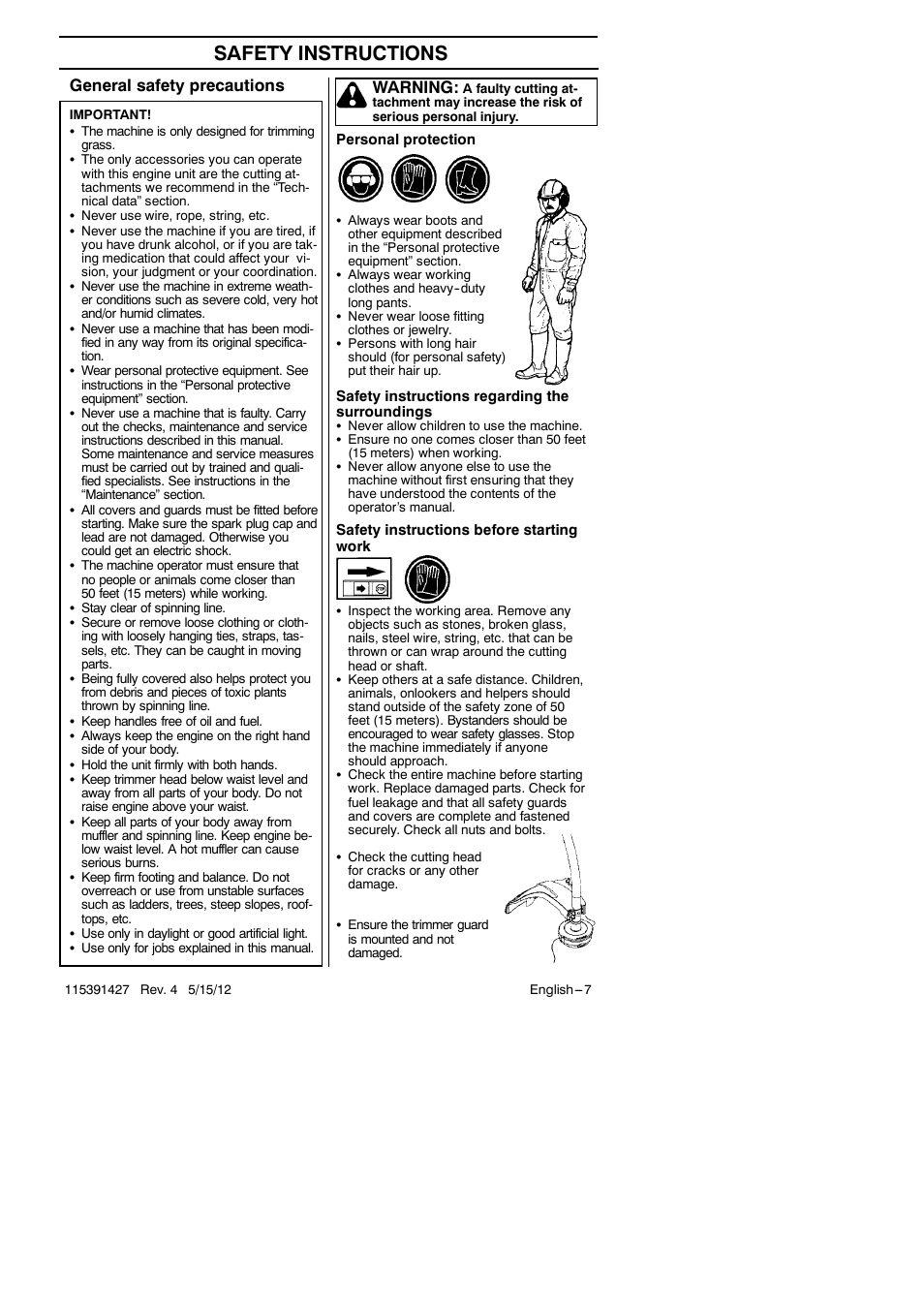 Safety instructions, General safety precautions, Warning | RedMax Grass Trimmer BT280 User Manual | Page 7 / 25