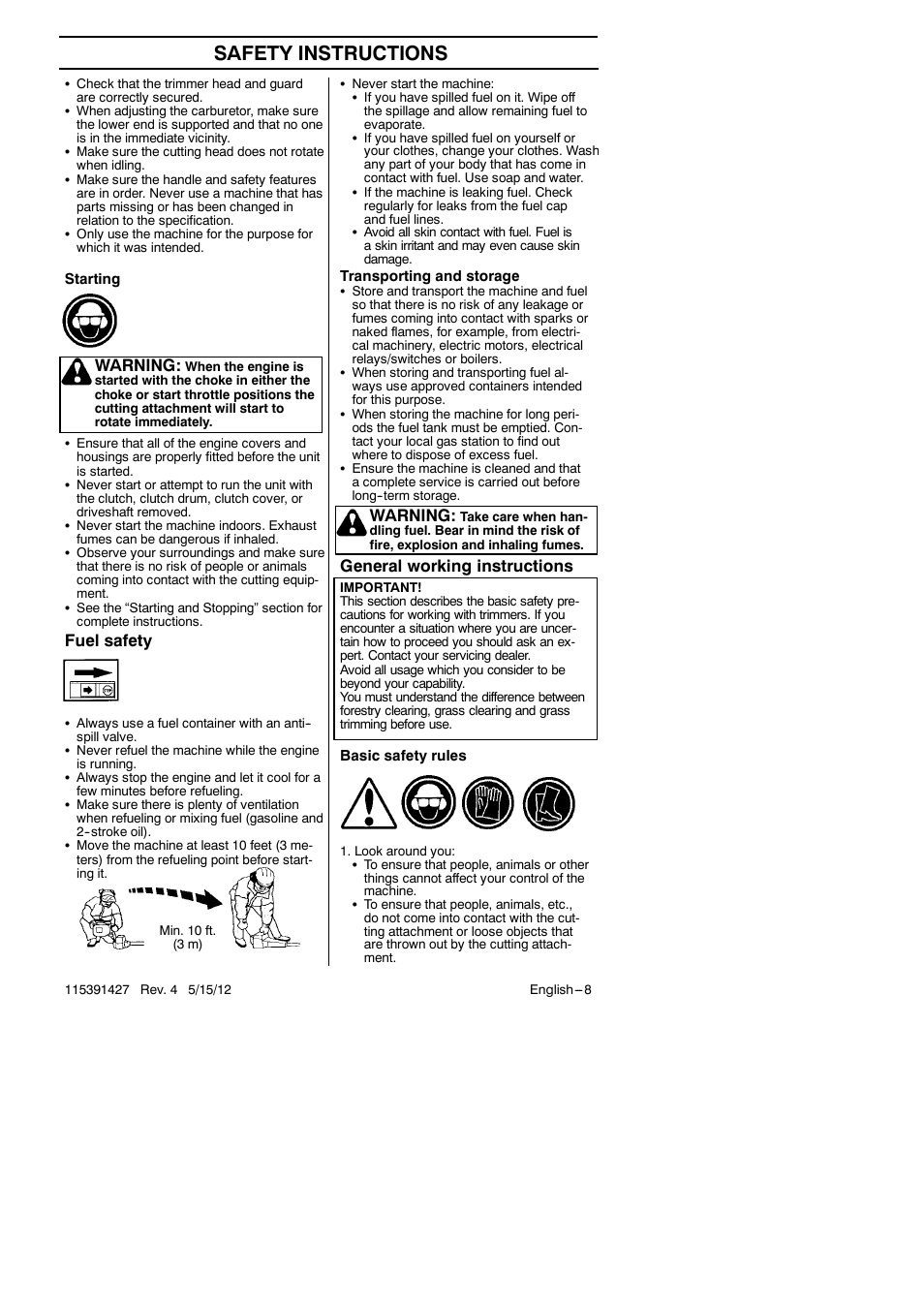 Safety instructions, Fuel safety, Warning | General working instructions | RedMax Grass Trimmer BT280 User Manual | Page 8 / 25