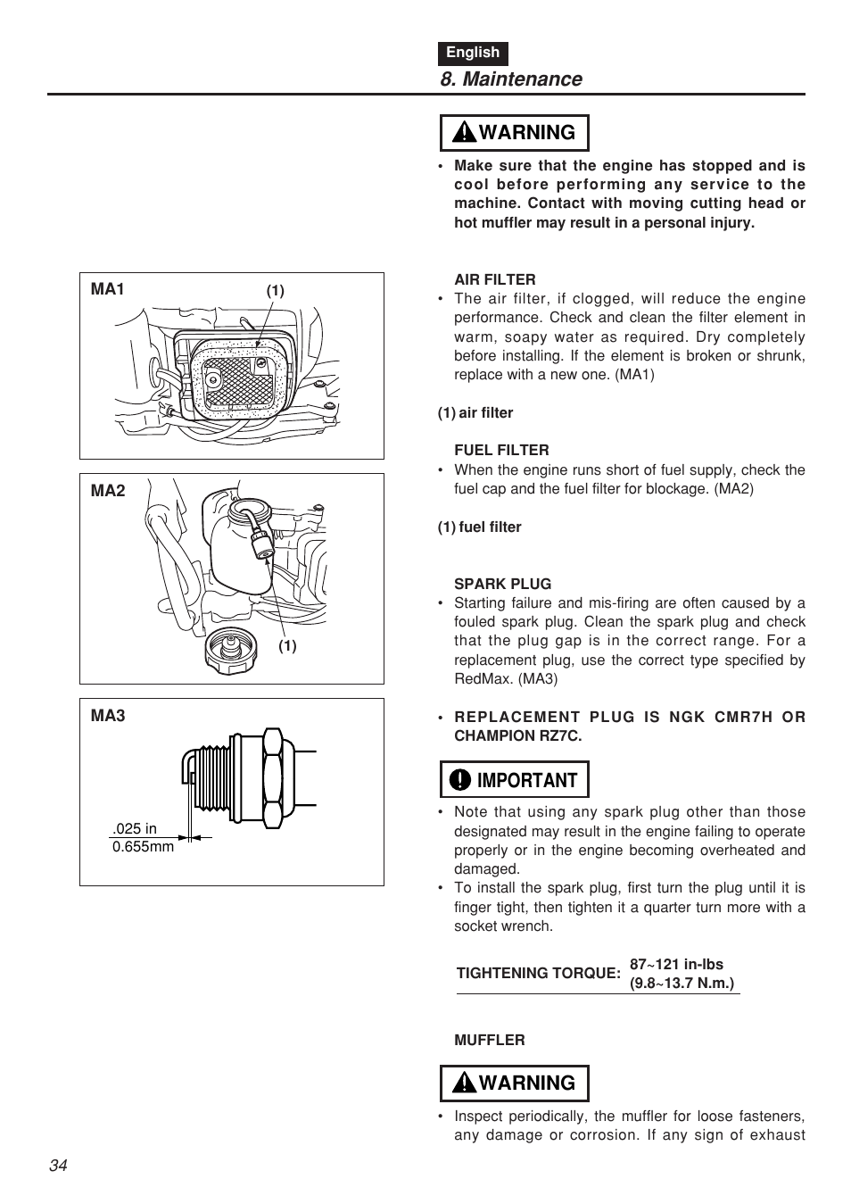 Maintenance, Warning important warning | RedMax HTZ2401 User Manual | Page 34 / 54