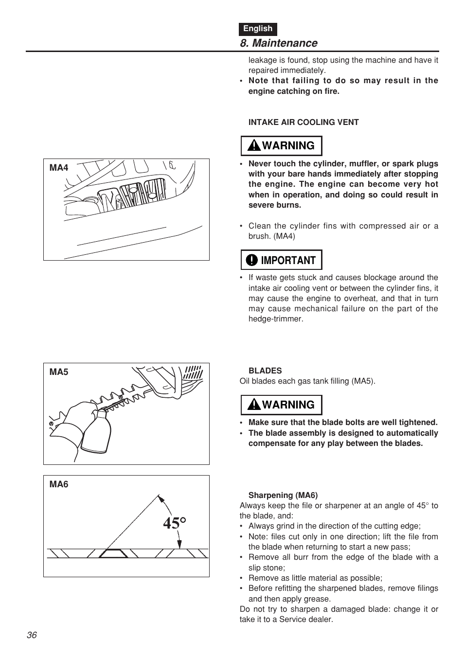 Maintenance, Warning important warning | RedMax HTZ2401 User Manual | Page 36 / 54