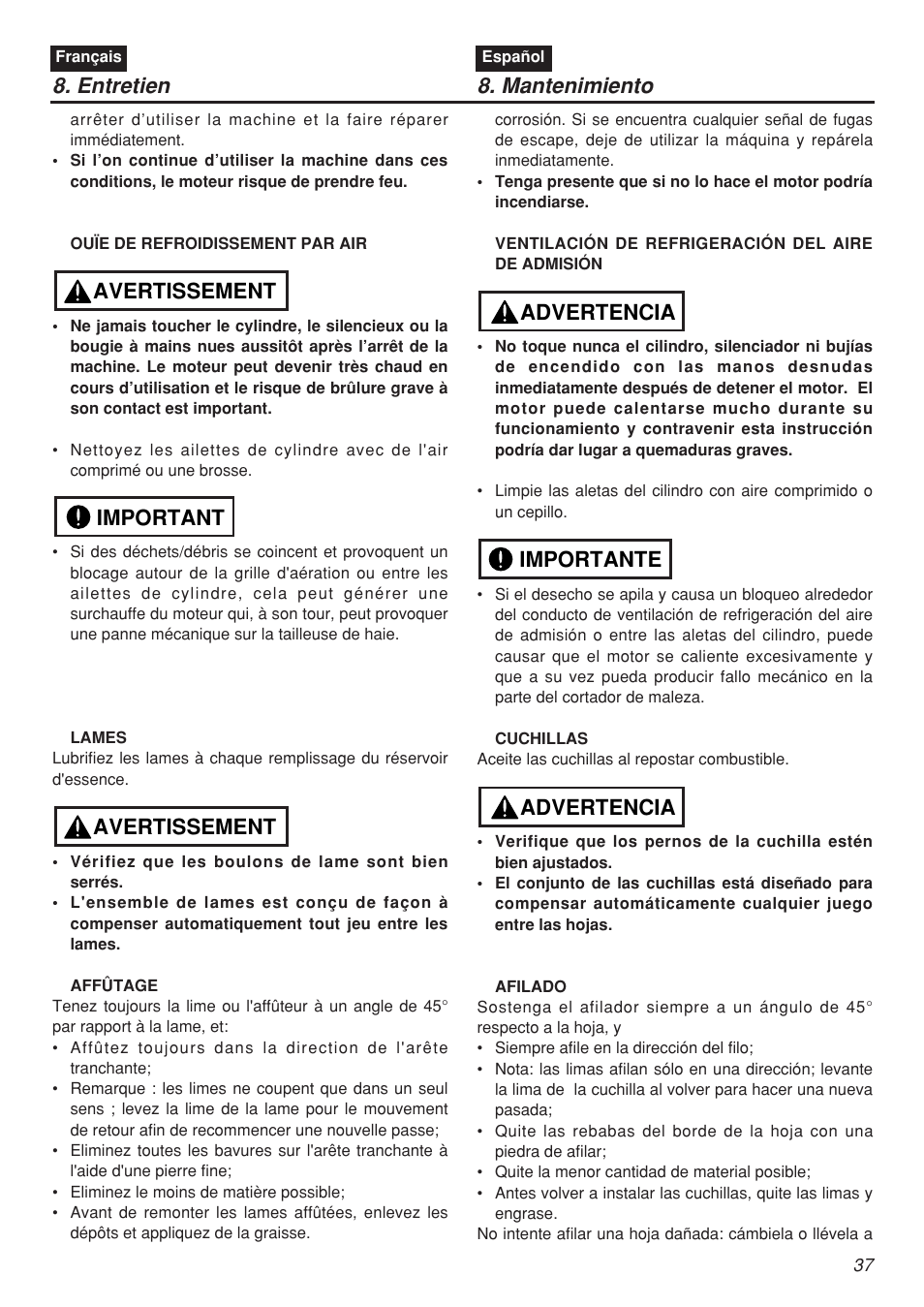 Entretien 8. mantenimiento, Avertissement important avertissement, Advertencia importante advertencia | RedMax HTZ2401 User Manual | Page 37 / 54