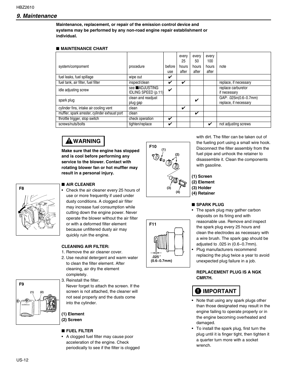 Maintenance, Important, Warning | RedMax HBZ2610 User Manual | Page 12 / 16