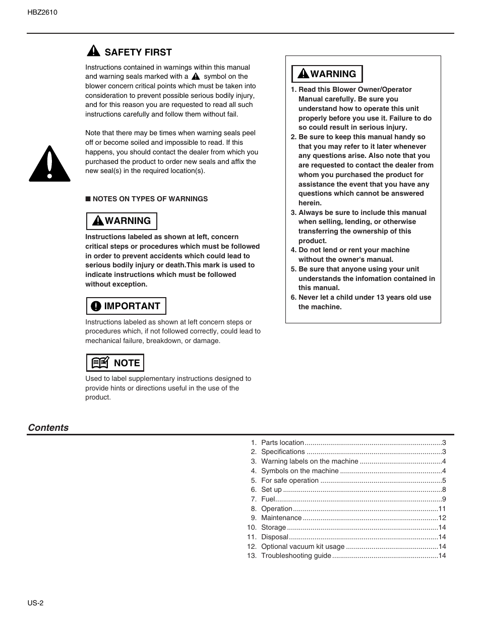 RedMax HBZ2610 User Manual | Page 2 / 16