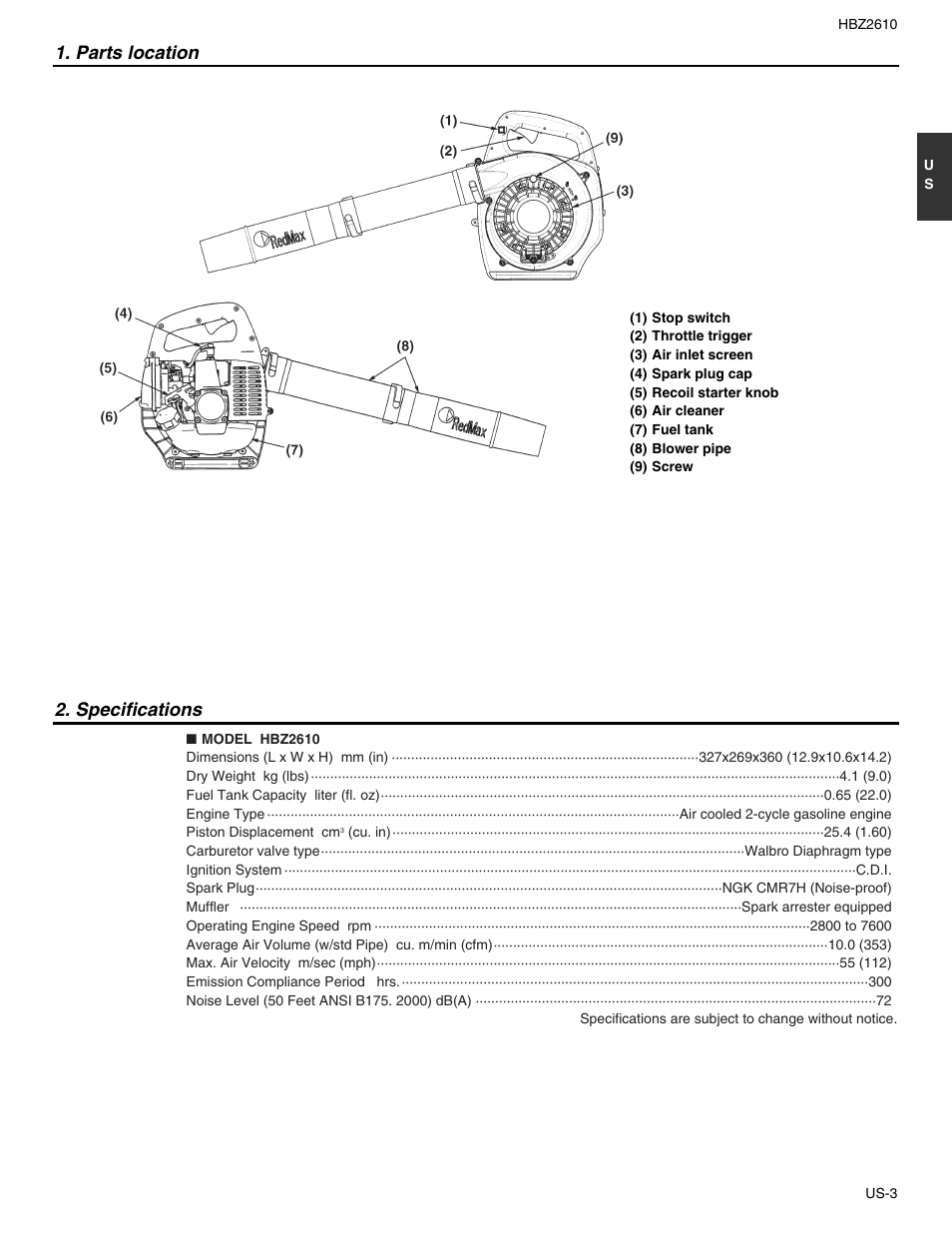 Parts location, Specifications | RedMax HBZ2610 User Manual | Page 3 / 16