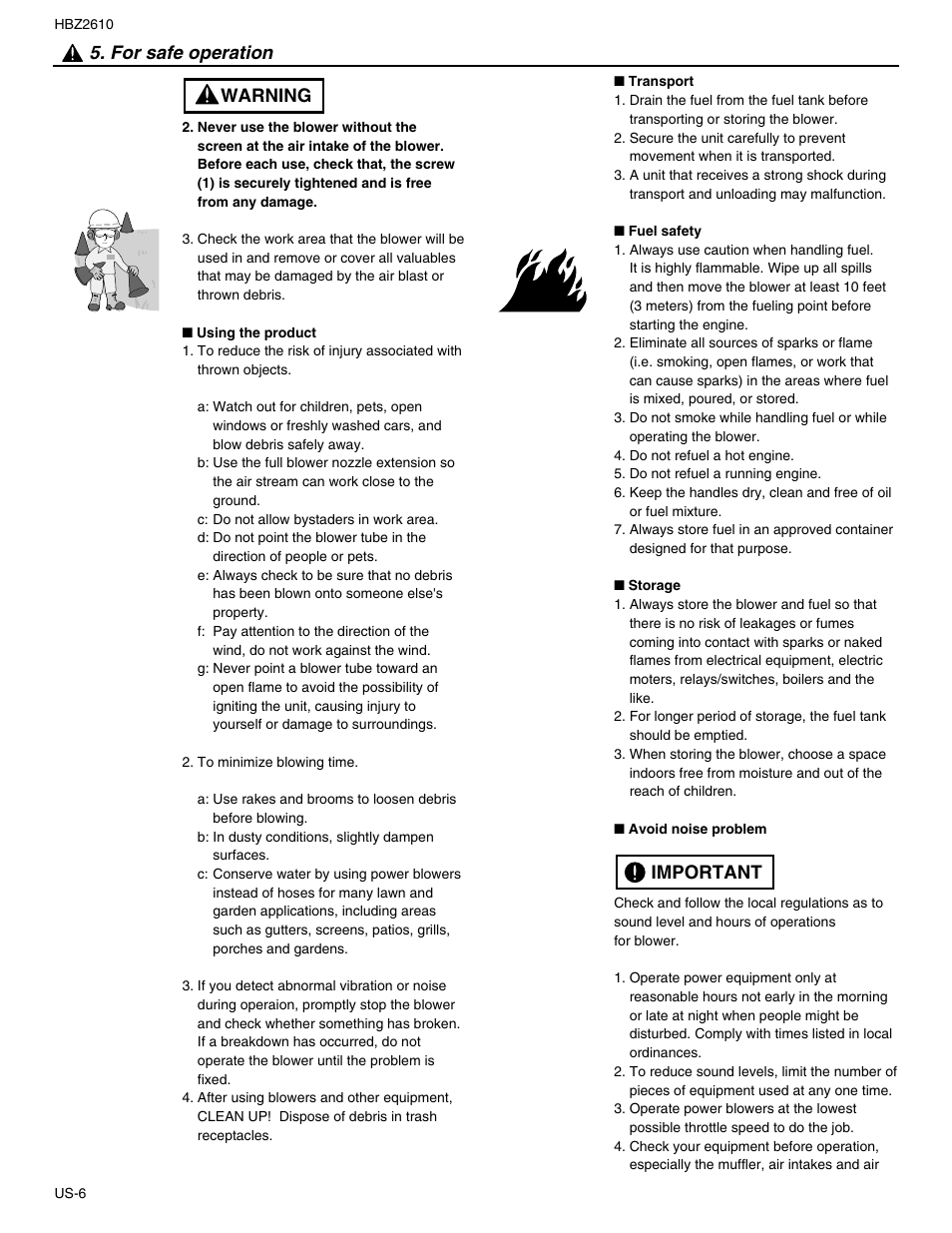 Warning, For safe operation, Important | RedMax HBZ2610 User Manual | Page 6 / 16