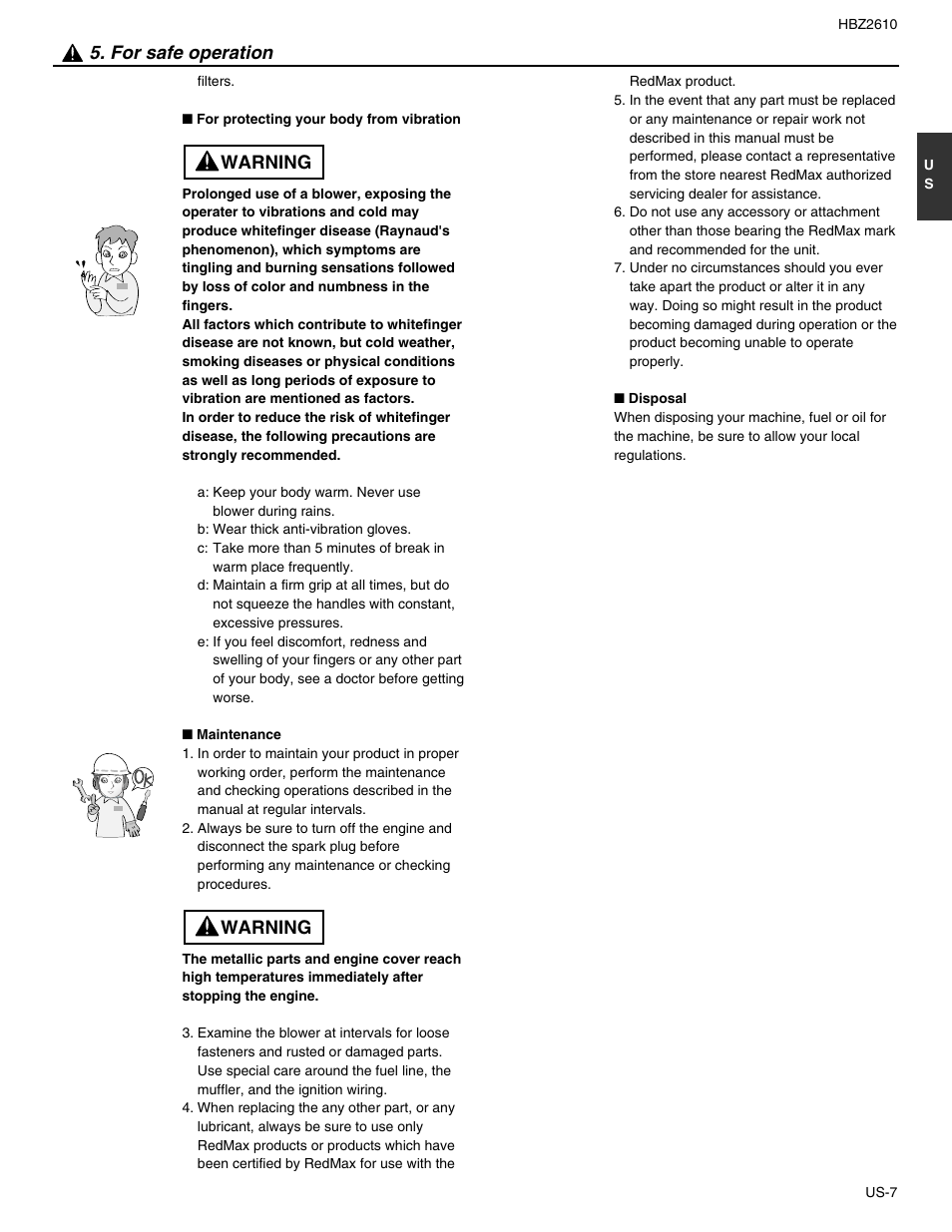 For safe operation, Warning | RedMax HBZ2610 User Manual | Page 7 / 16