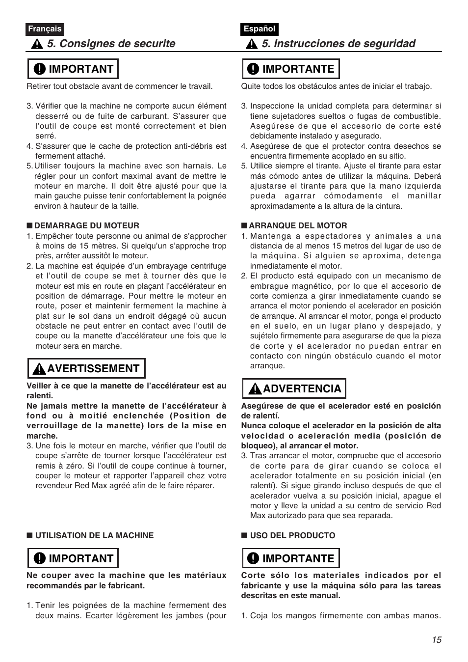 Important avertissement important | RedMax EXZ2401S-PH-CA User Manual | Page 15 / 112