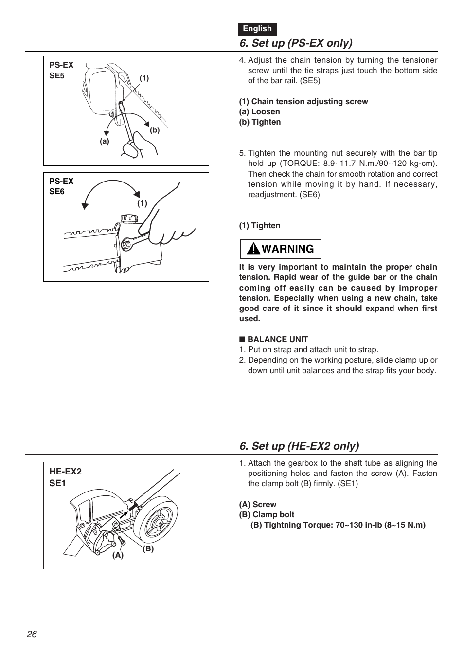 Warning 6. set up (ps-ex only), Set up (he-ex2 only) | RedMax EXZ2401S-PH-CA User Manual | Page 26 / 112