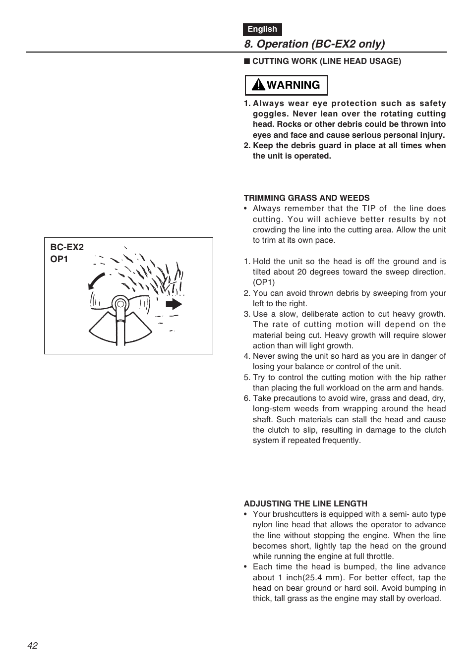 Operation (bc-ex2 only), Warning | RedMax EXZ2401S-PH-CA User Manual | Page 42 / 112