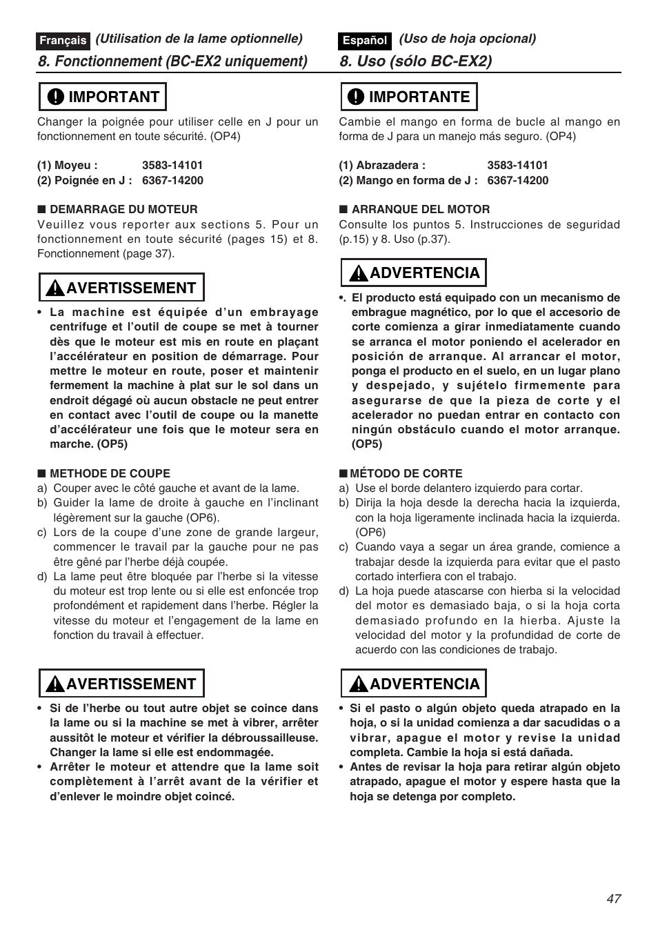 Advertencia, Advertencia importante, Avertissement | RedMax EXZ2401S-PH-CA User Manual | Page 47 / 112