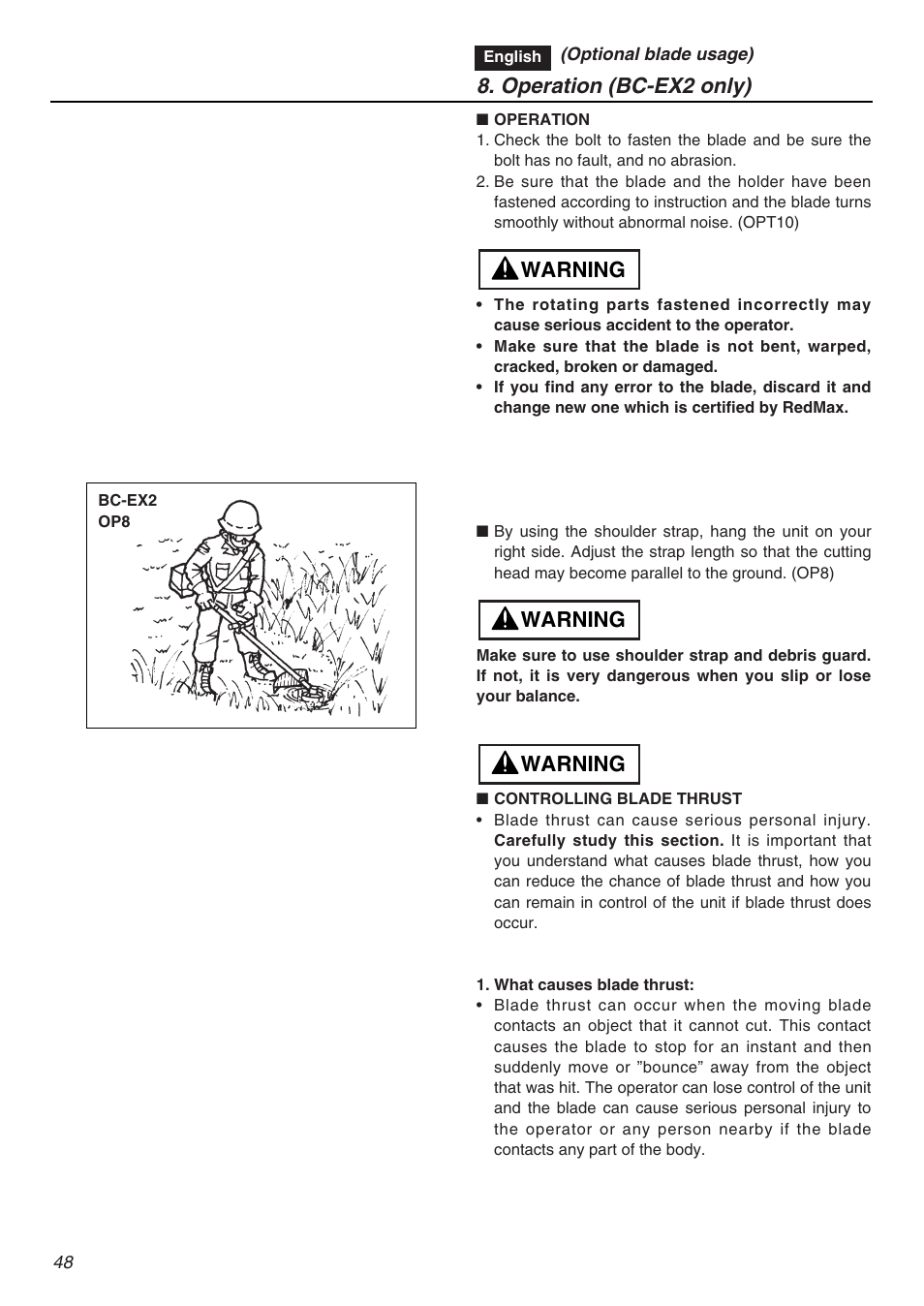 Warning, Operation (bc-ex2 only) | RedMax EXZ2401S-PH-CA User Manual | Page 48 / 112