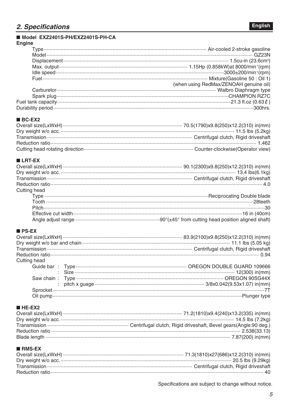 Specifications | RedMax EXZ2401S-PH-CA User Manual | Page 5 / 112