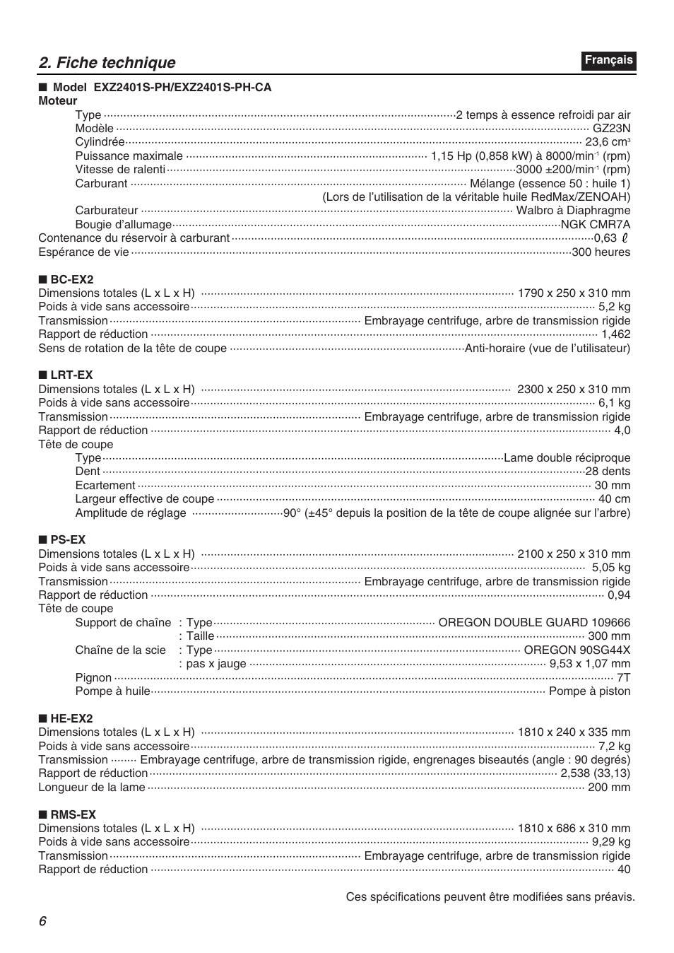 Fiche technique | RedMax EXZ2401S-PH-CA User Manual | Page 6 / 112