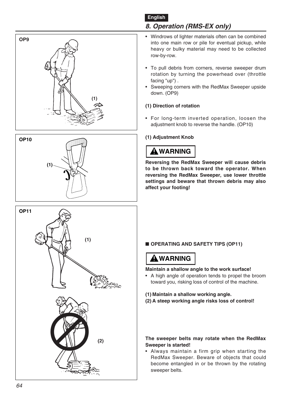 Operation (rms-ex only), Warning | RedMax EXZ2401S-PH-CA User Manual | Page 64 / 112