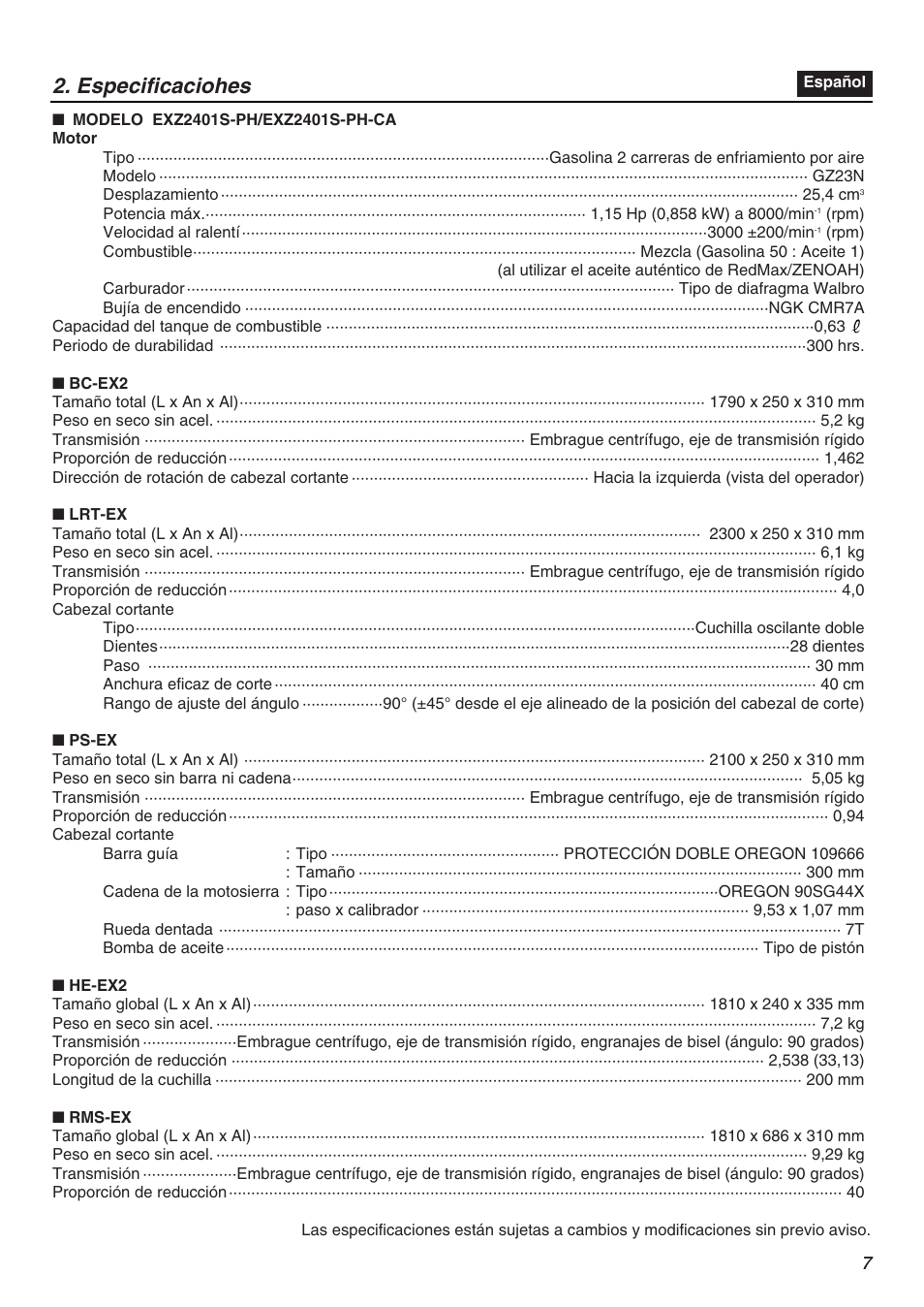 Especificaciohes | RedMax EXZ2401S-PH-CA User Manual | Page 7 / 112