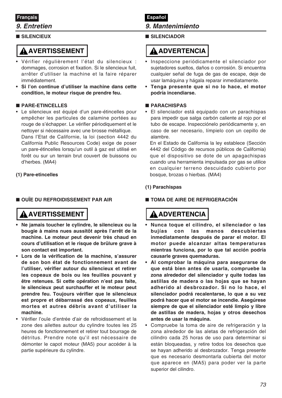 Entretien 9. mantenimiento, Avertissement, Advertencia | RedMax EXZ2401S-PH-CA User Manual | Page 73 / 112