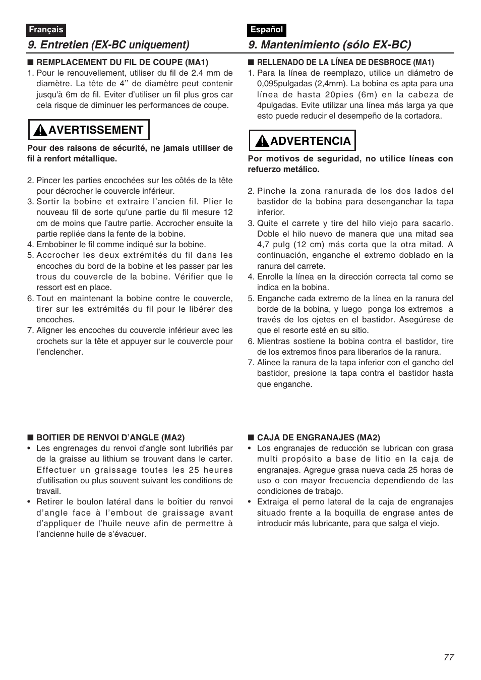 Avertissement, Advertencia | RedMax EXZ2401S-PH-CA User Manual | Page 77 / 112