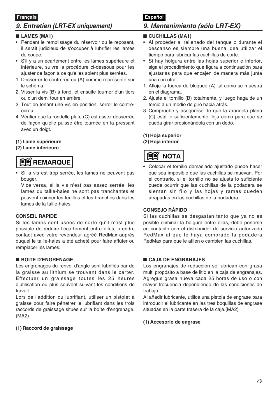 Remarque, Nota | RedMax EXZ2401S-PH-CA User Manual | Page 79 / 112