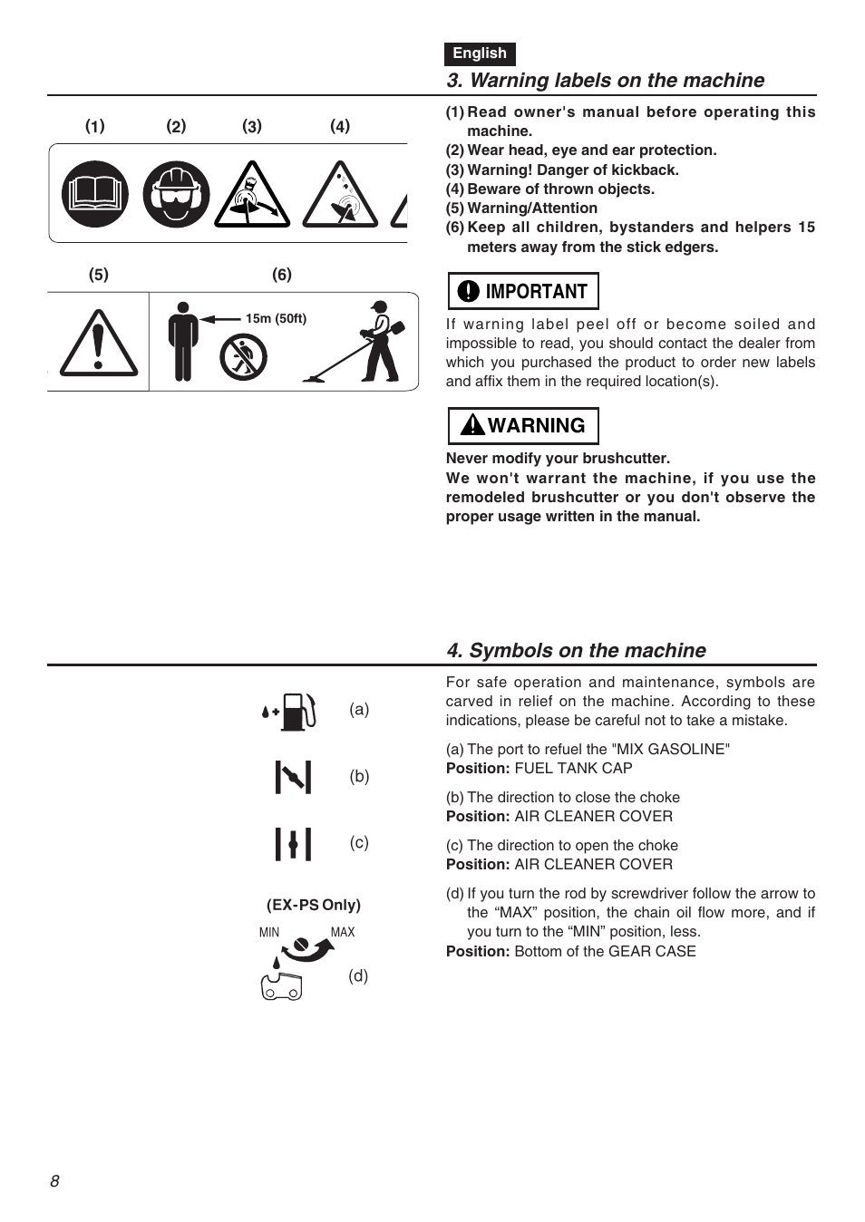 Warning labels on the machine, Warning important, Symbols on the machine | RedMax EXZ2401S-PH-CA User Manual | Page 8 / 112