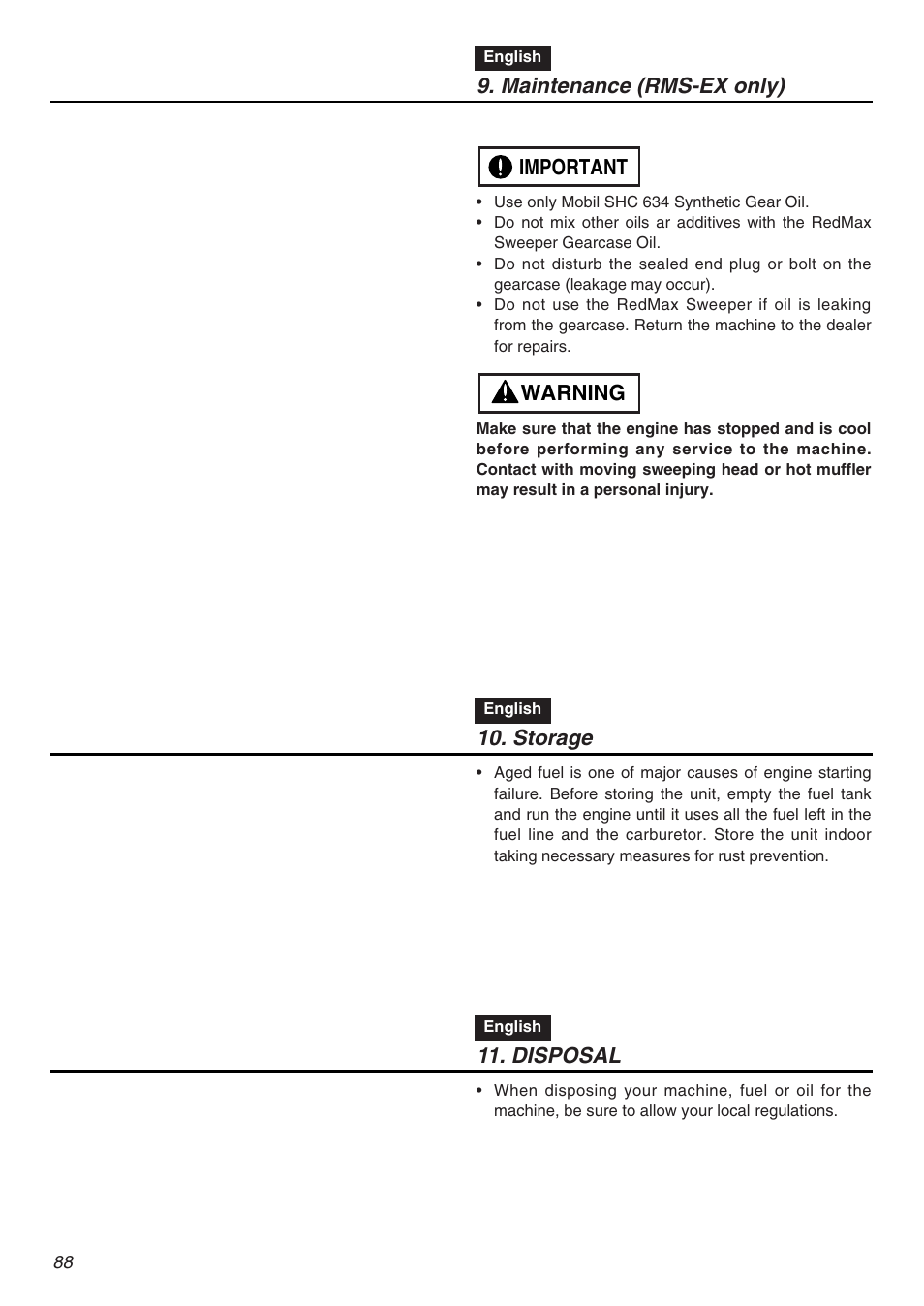 Maintenance (rms-ex only), Warning important, Storage | Disposal | RedMax EXZ2401S-PH-CA User Manual | Page 88 / 112