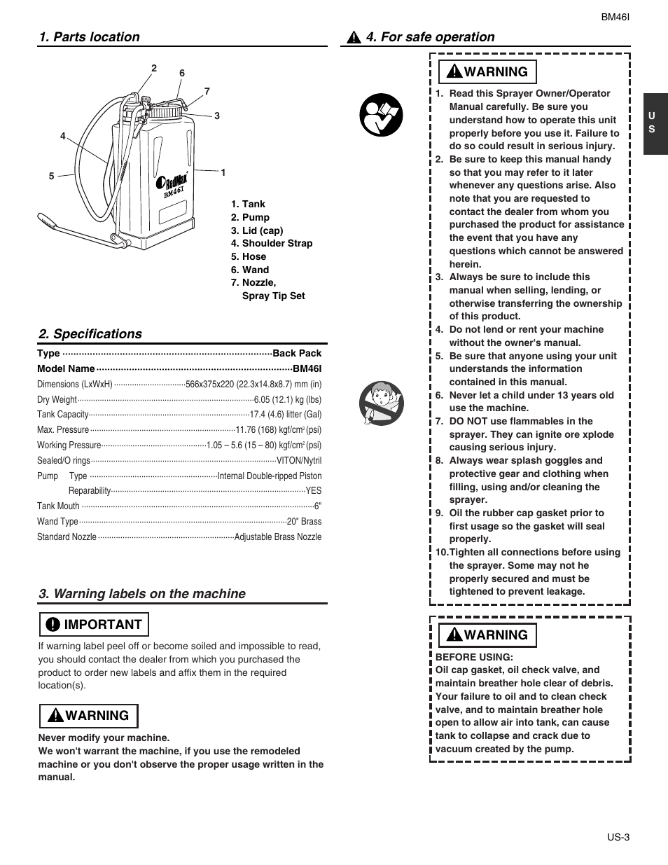 Warning labels on the machine, Warning important, Warning | RedMax BM46I User Manual | Page 3 / 9