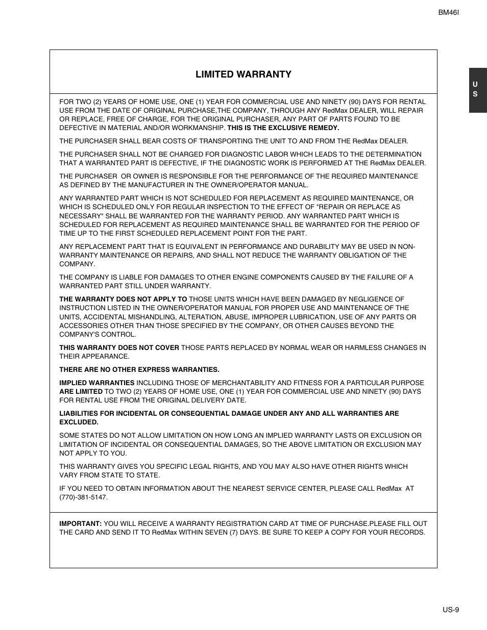 Limited warranty | RedMax BM46I User Manual | Page 9 / 9