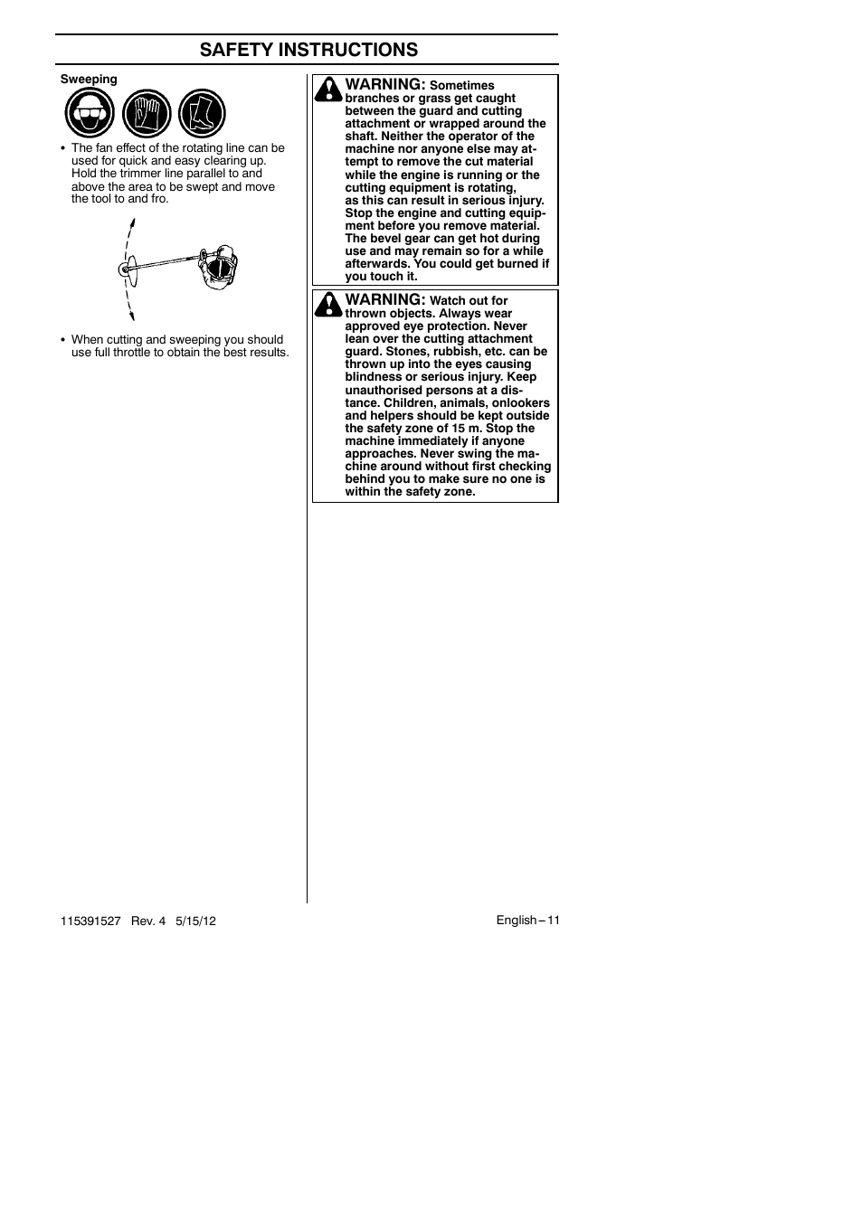 Safety instructions, Warning | RedMax BC280 User Manual | Page 11 / 26