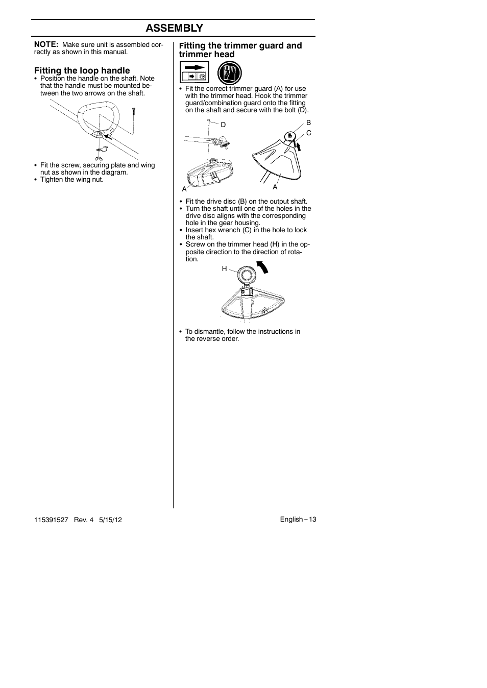 Assembly, Itting the trimmer guard and trimmer head, Fitting the loop handle | RedMax BC280 User Manual | Page 13 / 26