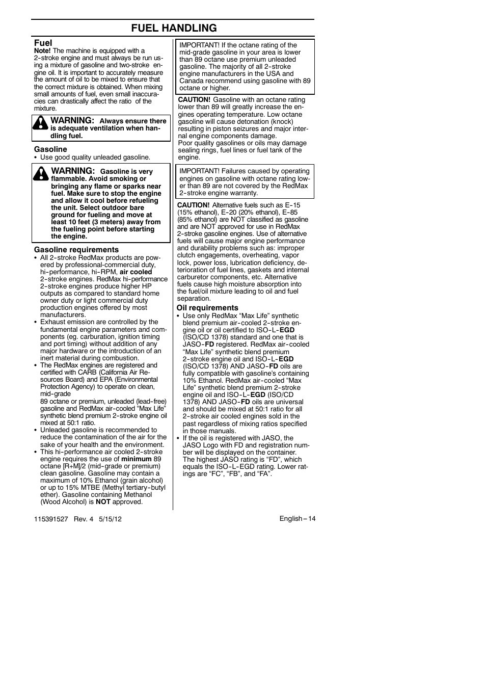 Fuel handling, Fuel, Warning | RedMax BC280 User Manual | Page 14 / 26