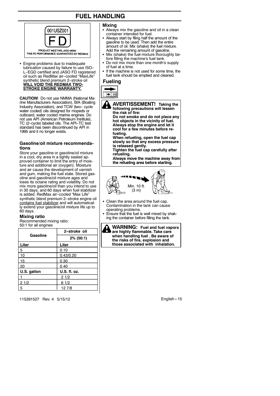 Fuel handling, Fueling avertissement, Warning | RedMax BC280 User Manual | Page 15 / 26