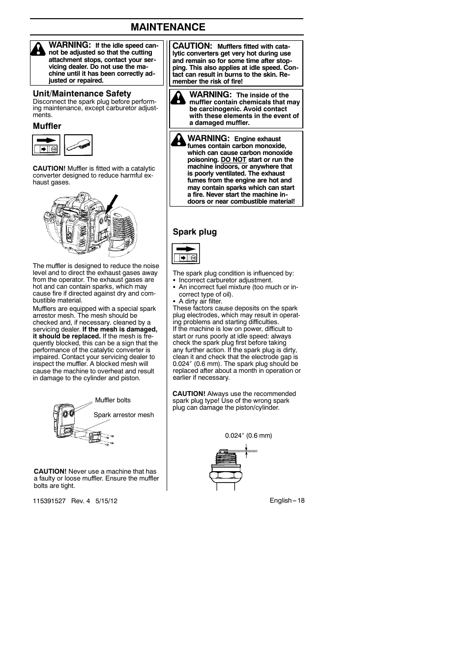 Maintenance, Warning, Unit/maintenance safety | Muffler, Spark plug, Caution | RedMax BC280 User Manual | Page 18 / 26