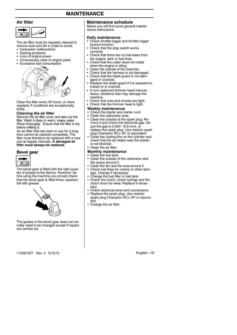 Maintenance, Air filter, Maintenance schedule | Bevel gear | RedMax BC280 User Manual | Page 19 / 26