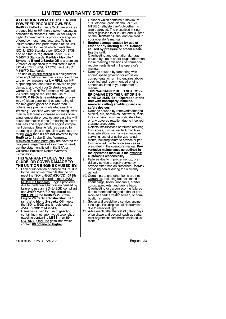 Limited warranty statement | RedMax BC280 User Manual | Page 23 / 26